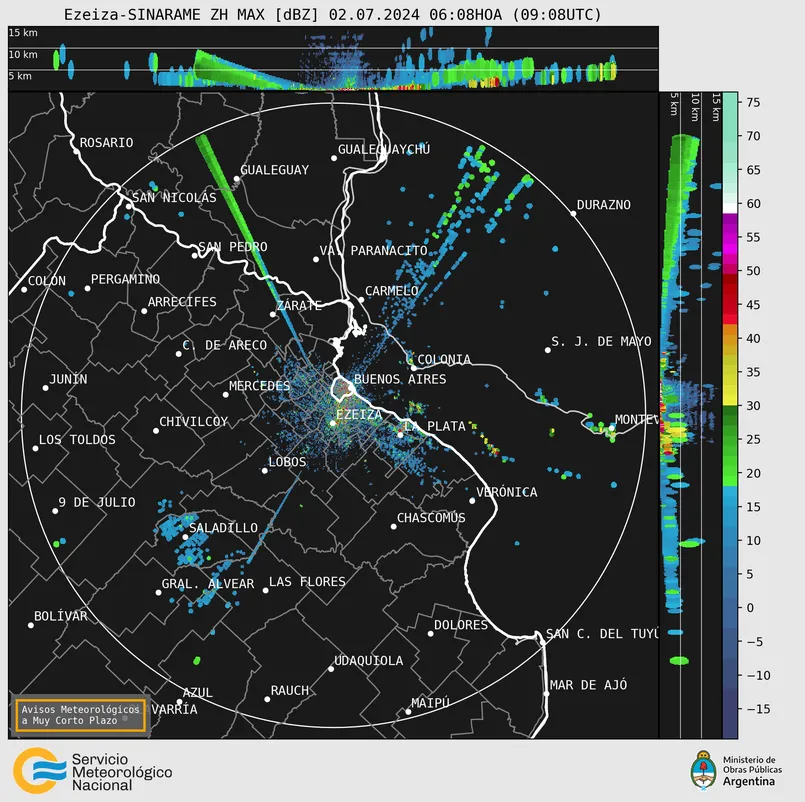 Imagen de radar meteorológico Ezeiza en vivo, Buenos Aires.
