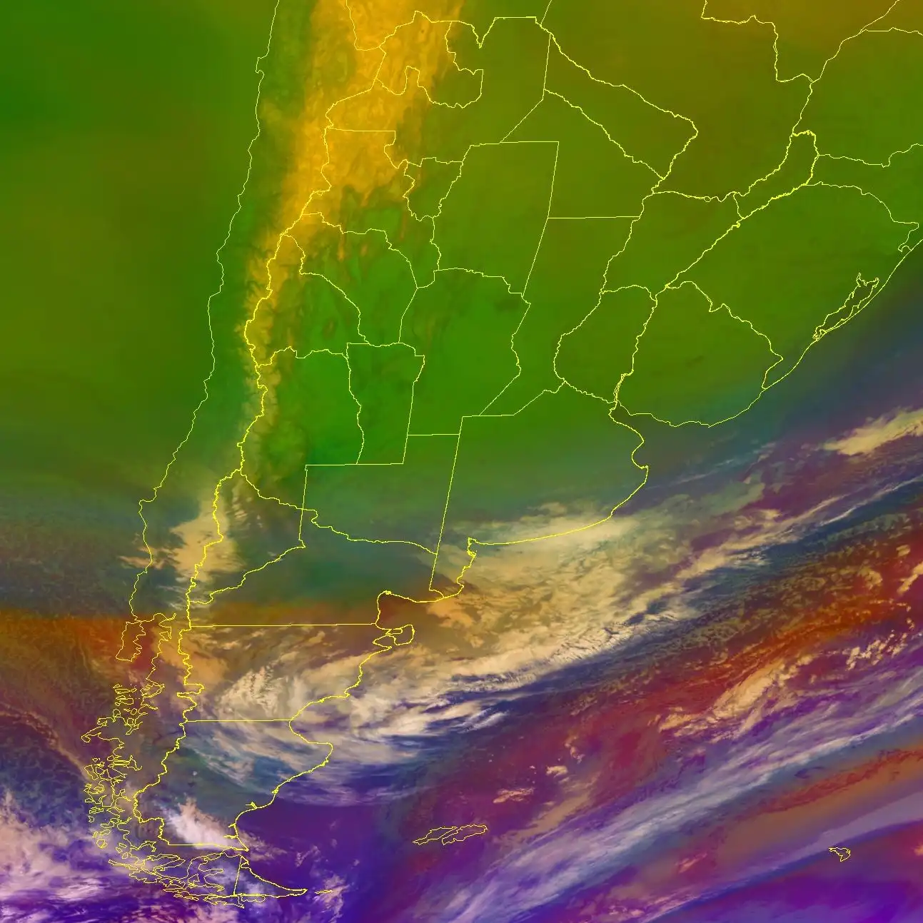 Imagen satelital Argentina, AirMass RGB, IR, vapor de agua, GOES16.
