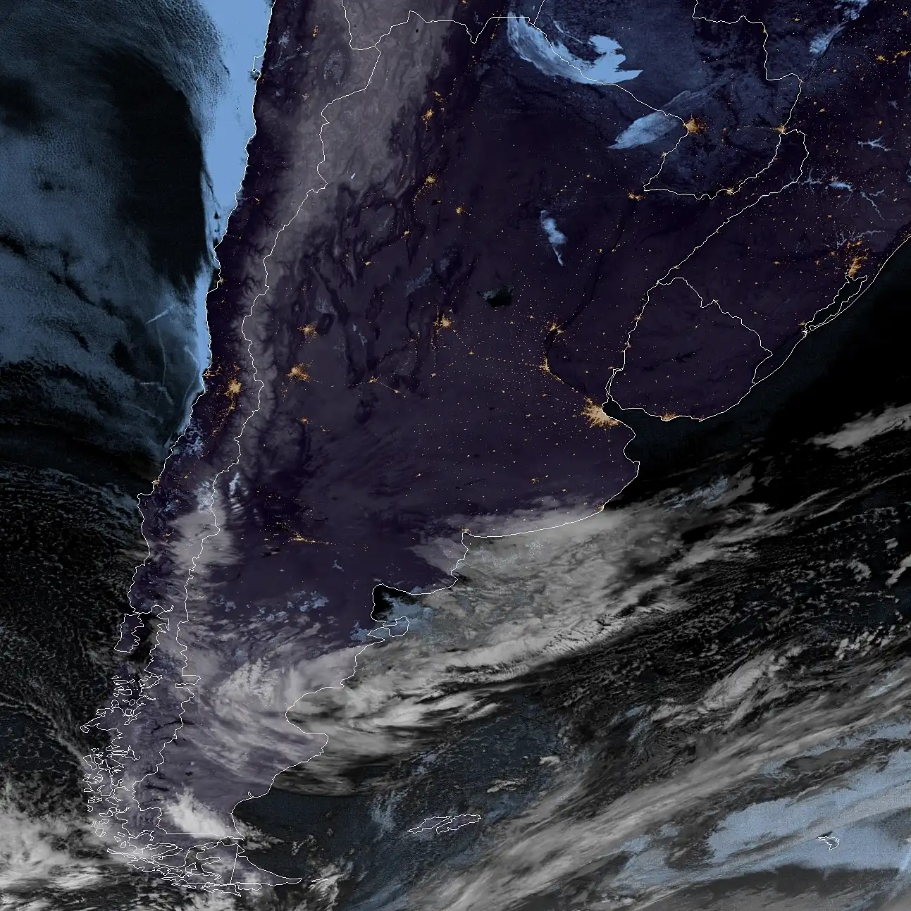 Imagen satelital GOES16, actividad eléctrica, GeoColor, Argentina.
